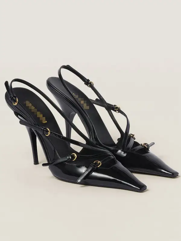 Buckle Cutout Pointed-Toe Panel Detail Slingback Heeled Sandals
