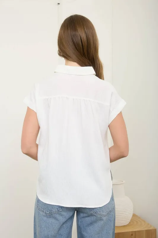 Collared Half-Button Ruched Shoulder Top