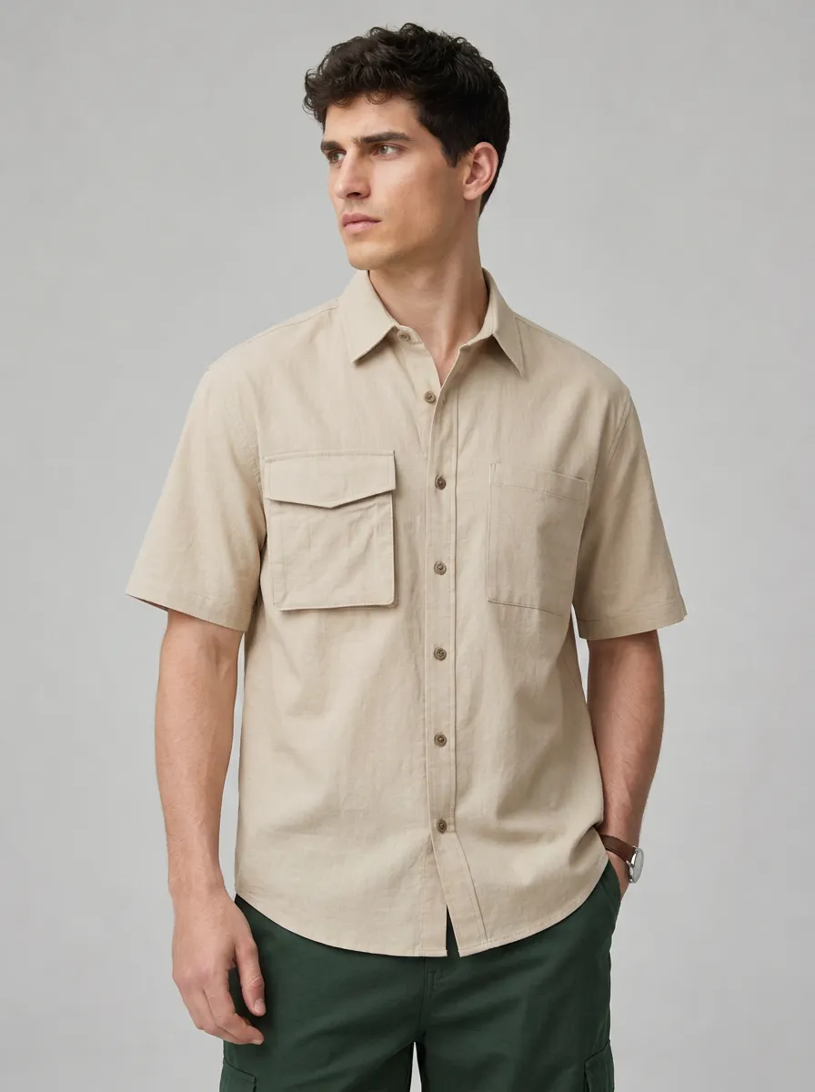 Men's Casual Summer Beige Breathable Pocket Button-down Shirt