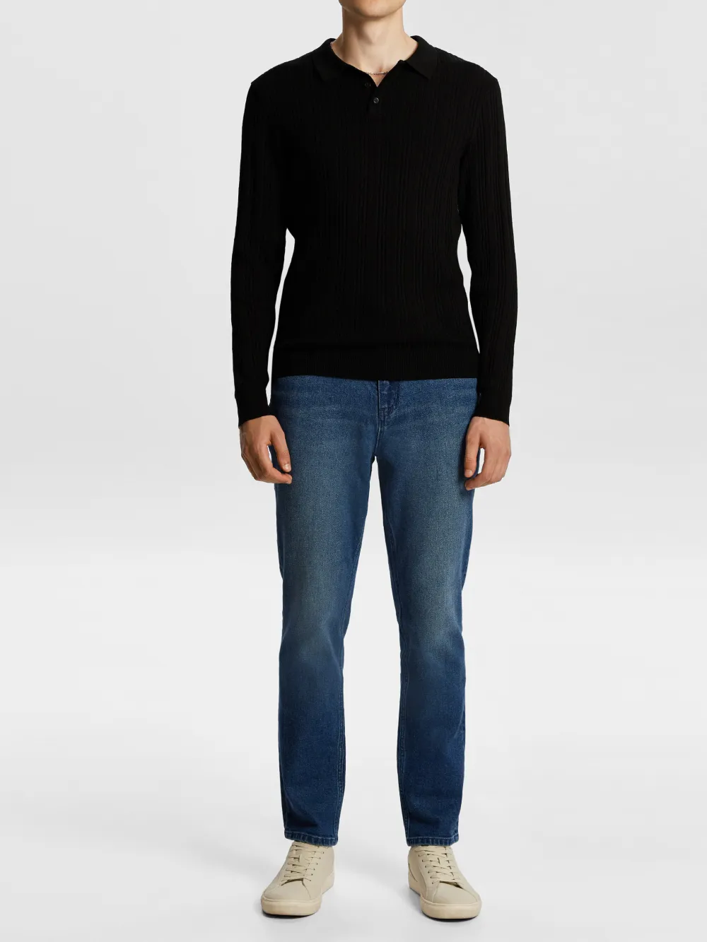 Black Long Sleeve Ribbed Polo Shirt