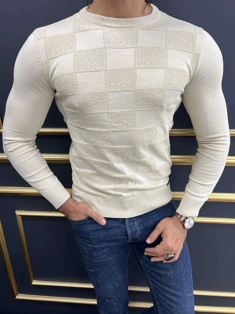 Round Neck Slim Fit Plaid Knit Sweater