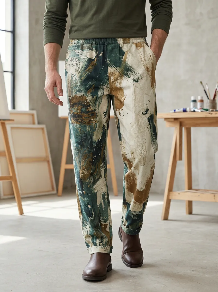 Men's Abstract Print Elastic-Waist Trousers