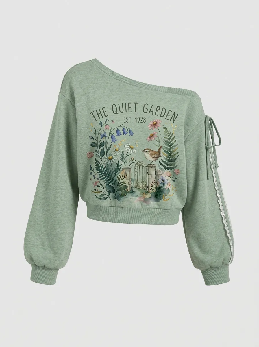 Women's Nature Quiet Garden Bird Floral Graphic Off-Shoulder Sweatshirt