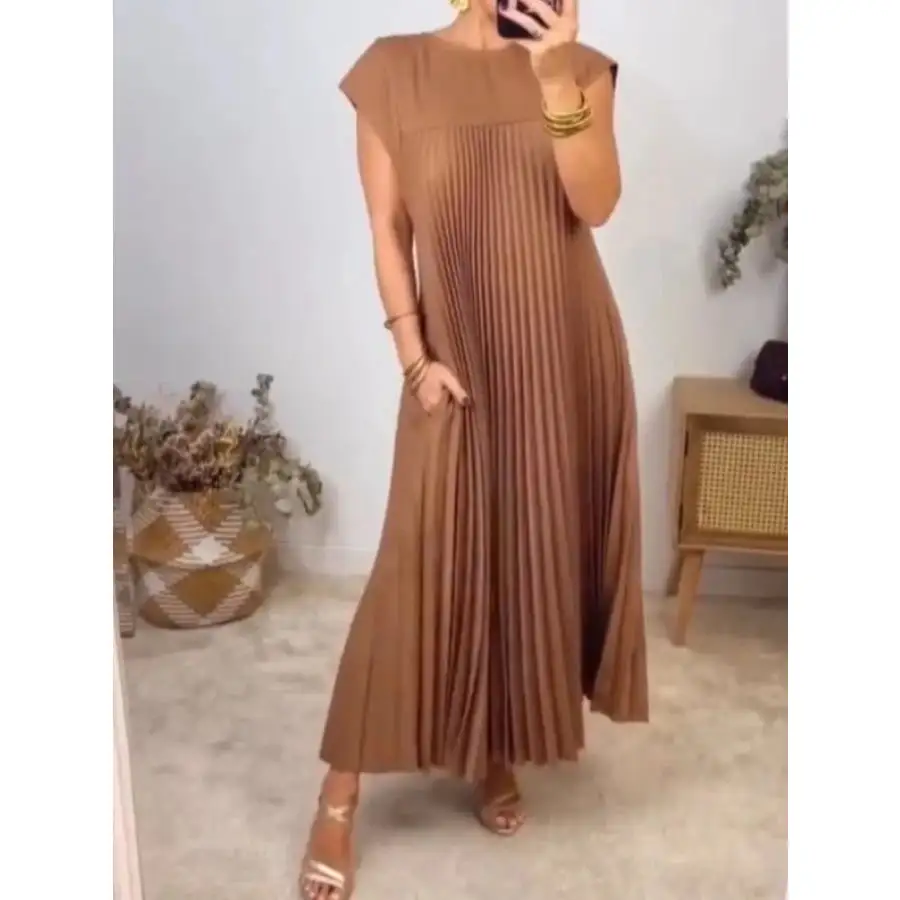 Classic Full Size Pleated Round Neck Maxi Dress Plus Size