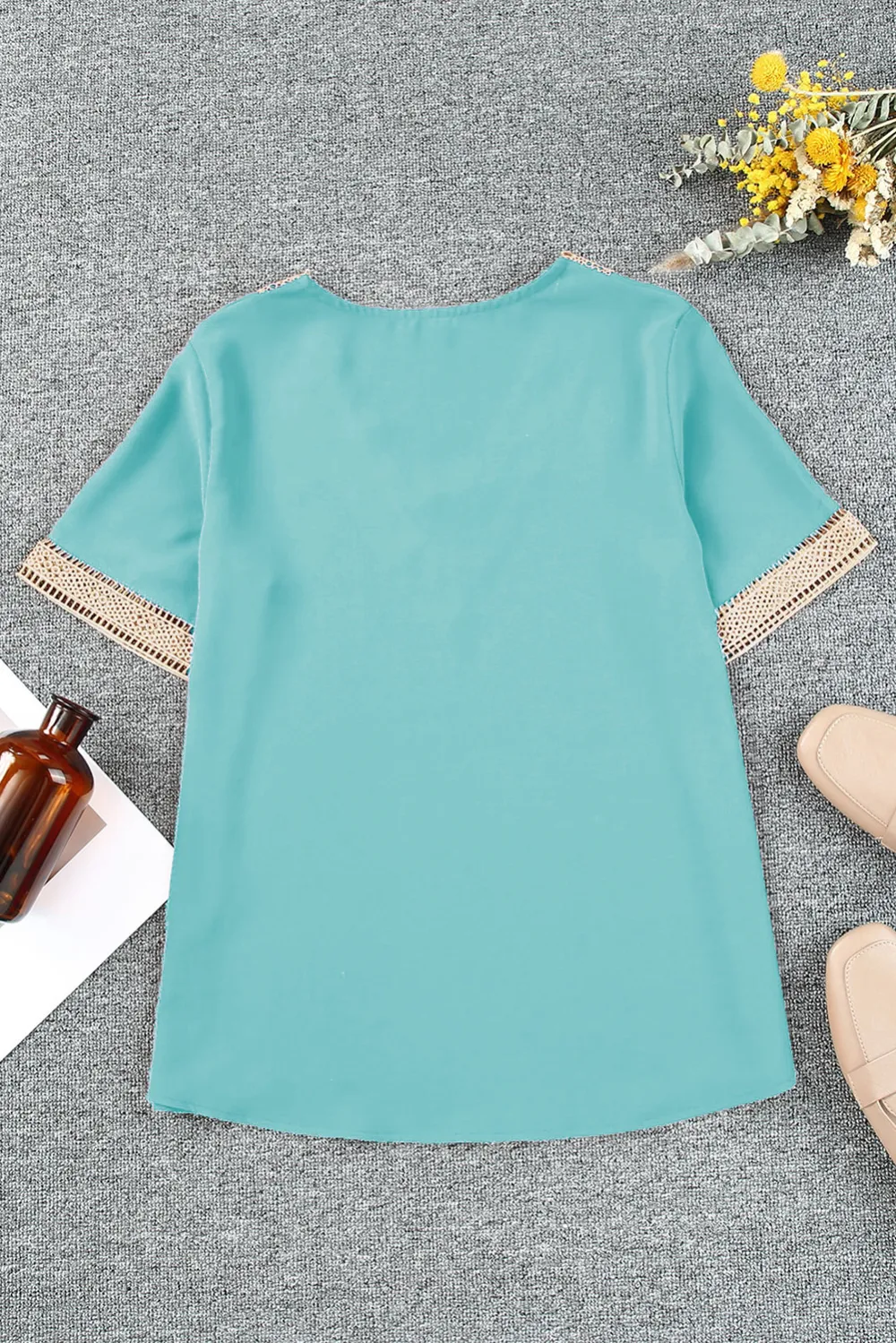Green Lace Trim V Neck Blouse Style