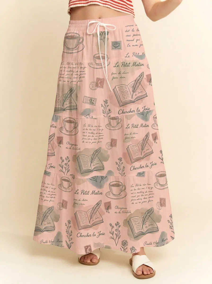 Women's Coffee Book Lover French Script Printed Maxi Skirt