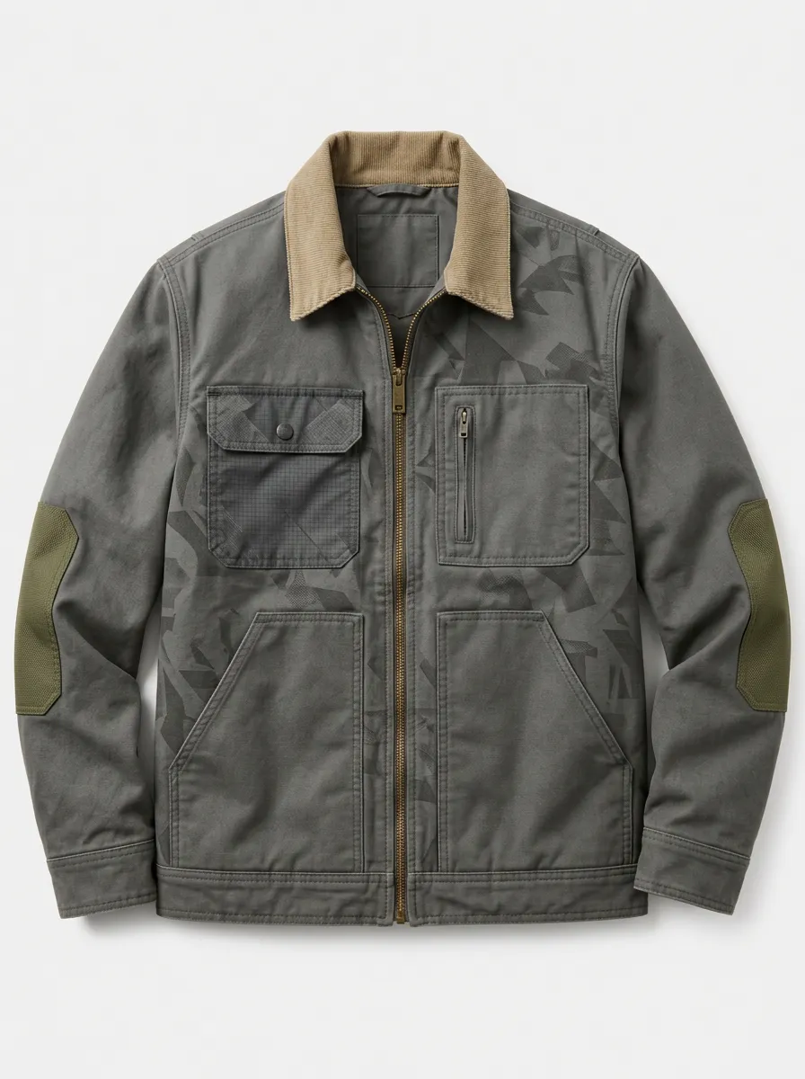Men's Geometric Camo Pattern Corduroy Collar Printed Jacket