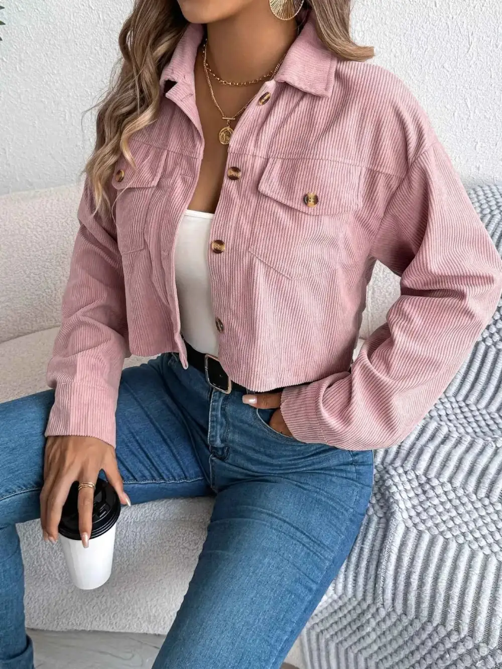 Corduroy Button-Up Dropped Shoulder Jacket