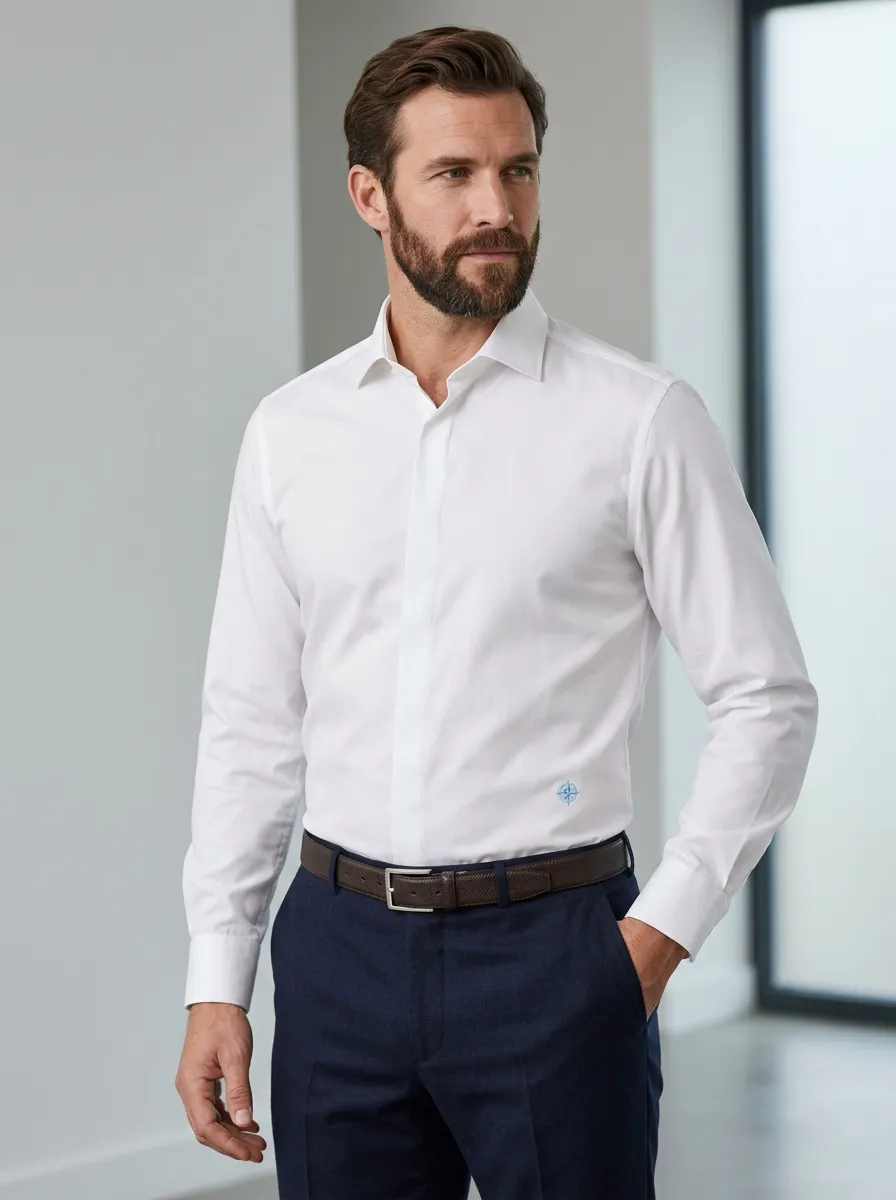 Men's Non-Iron Cotton Compass Embroidered Long Sleeve Shirt