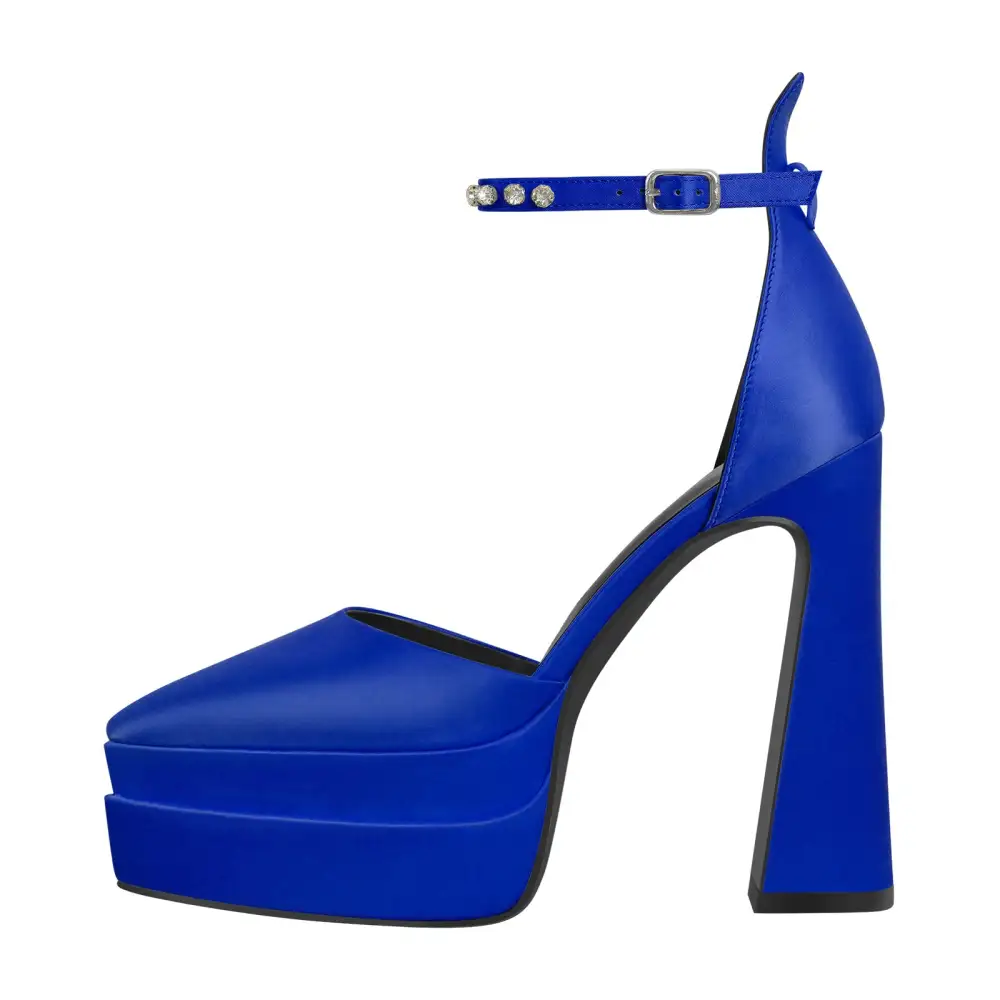 Satin Finish Rhinestone Pointed Toe Double Platform Chunky Heel Pumps