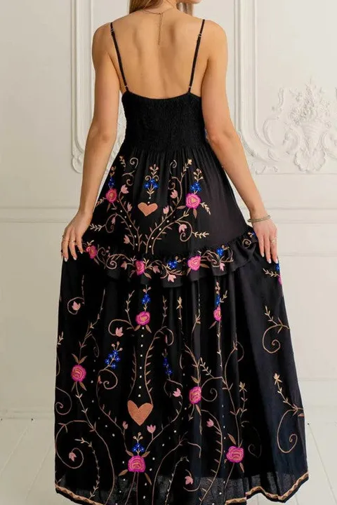 Women's Black Embroidered Floral Maxi Dress