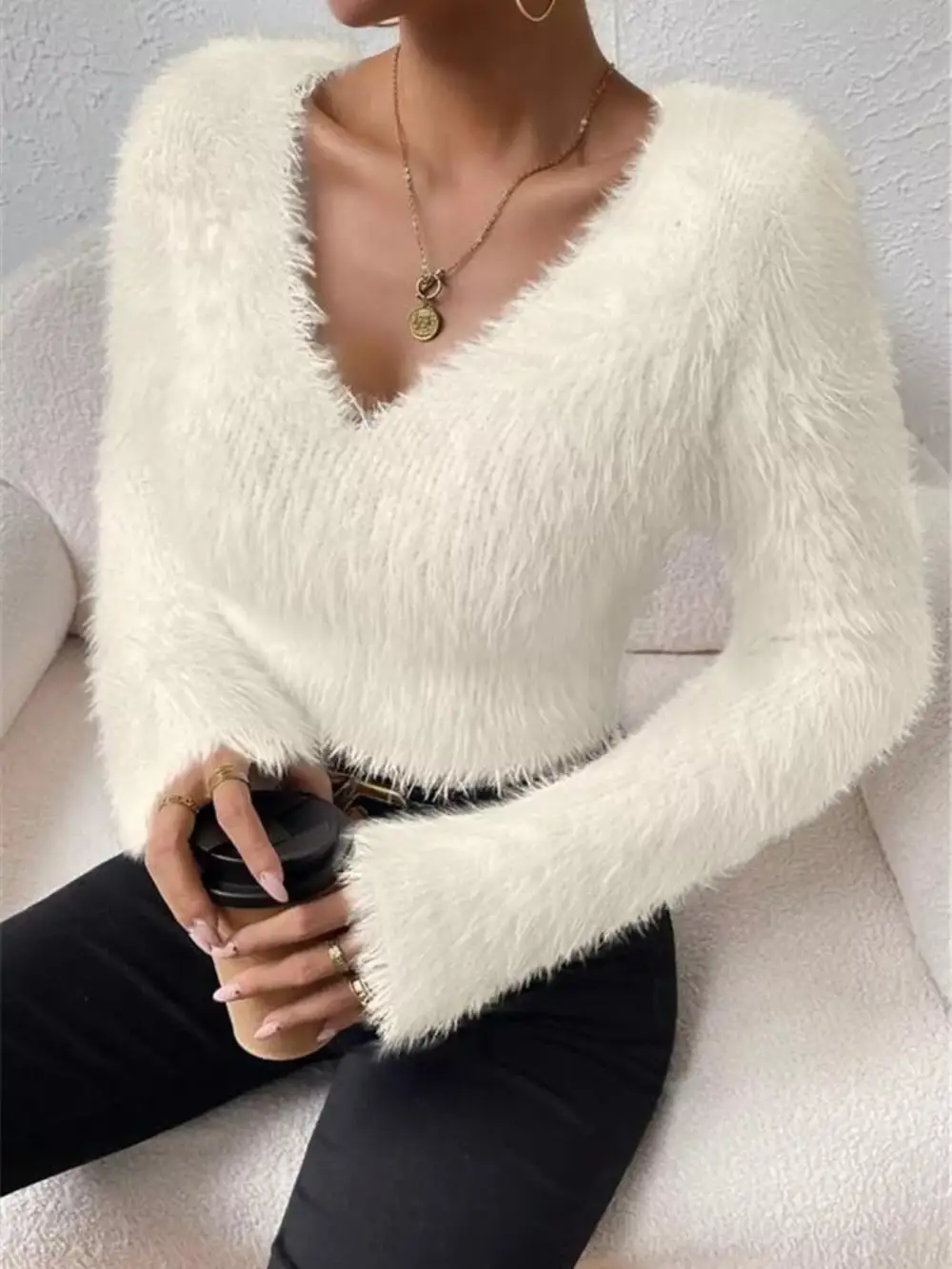 Fluffy Knit V-Neck Sweater