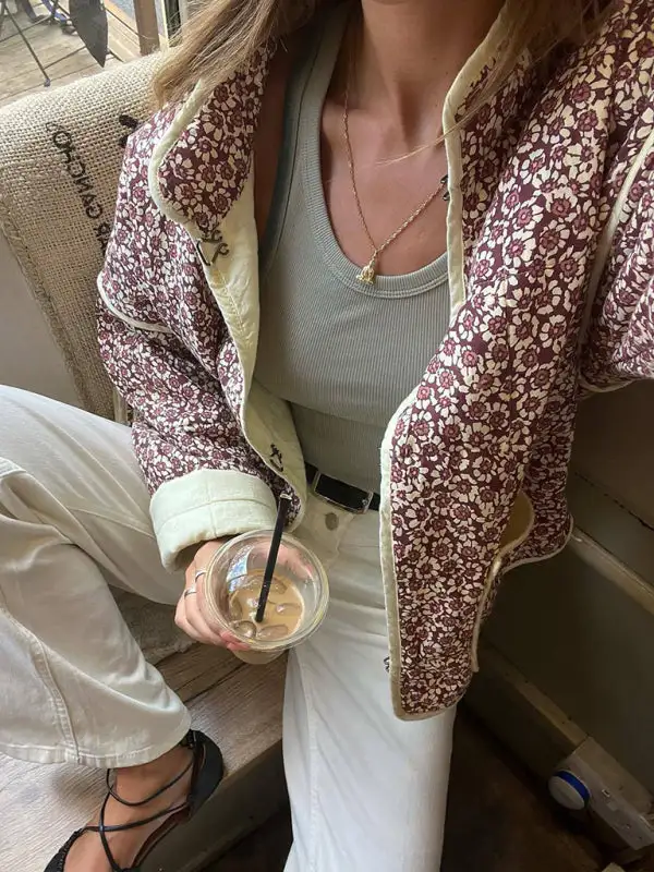 Quilted Knit Floral-Print Relaxed Jacket