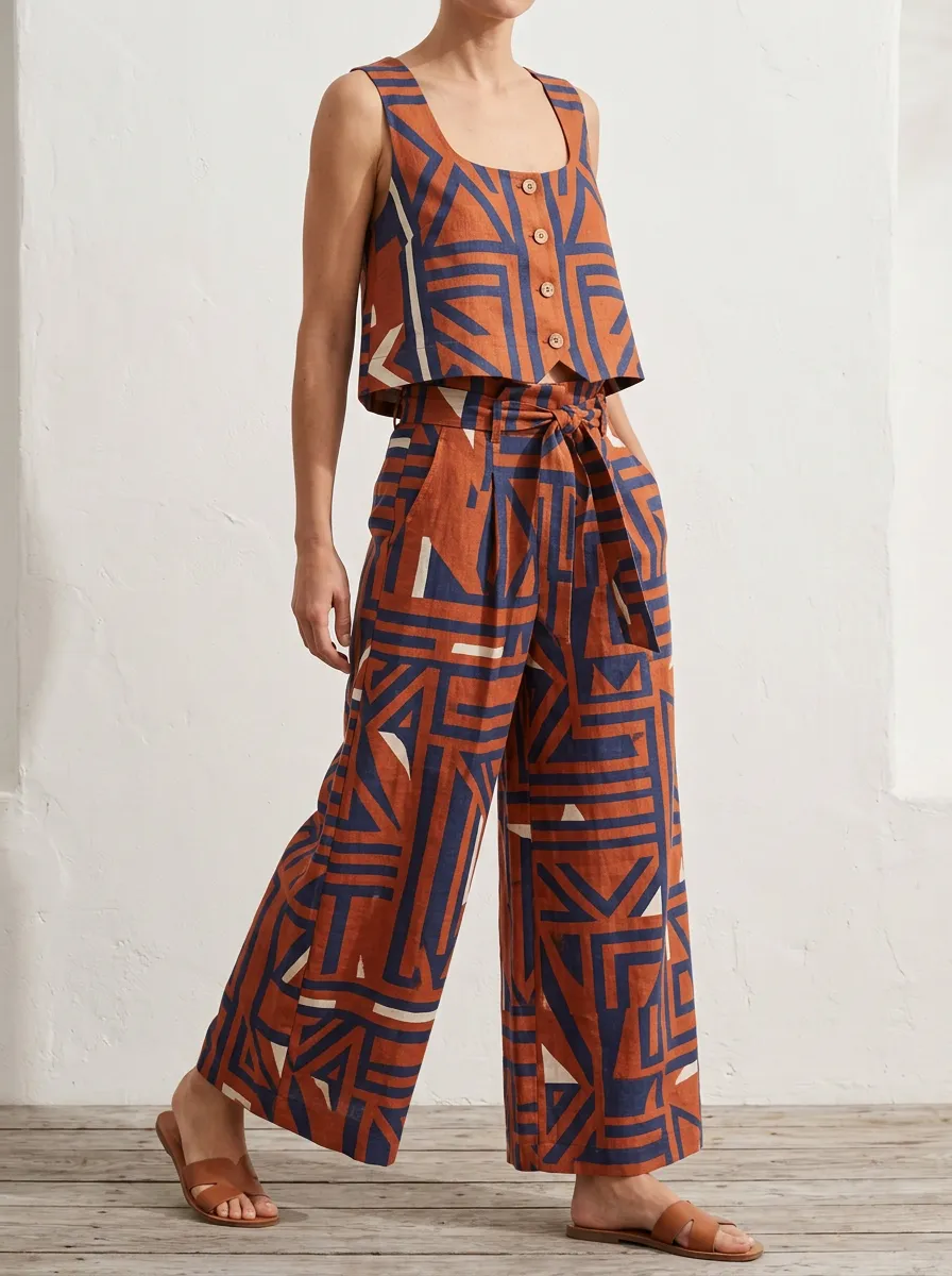 Women's Geometric Pattern Patterned Sleeveless Button-Down Wide Leg Pants Set