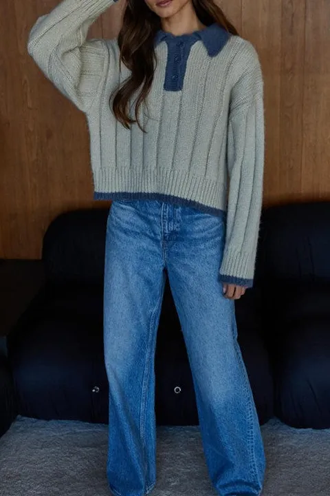Women's Light Blue Polo Collar Knit Sweater