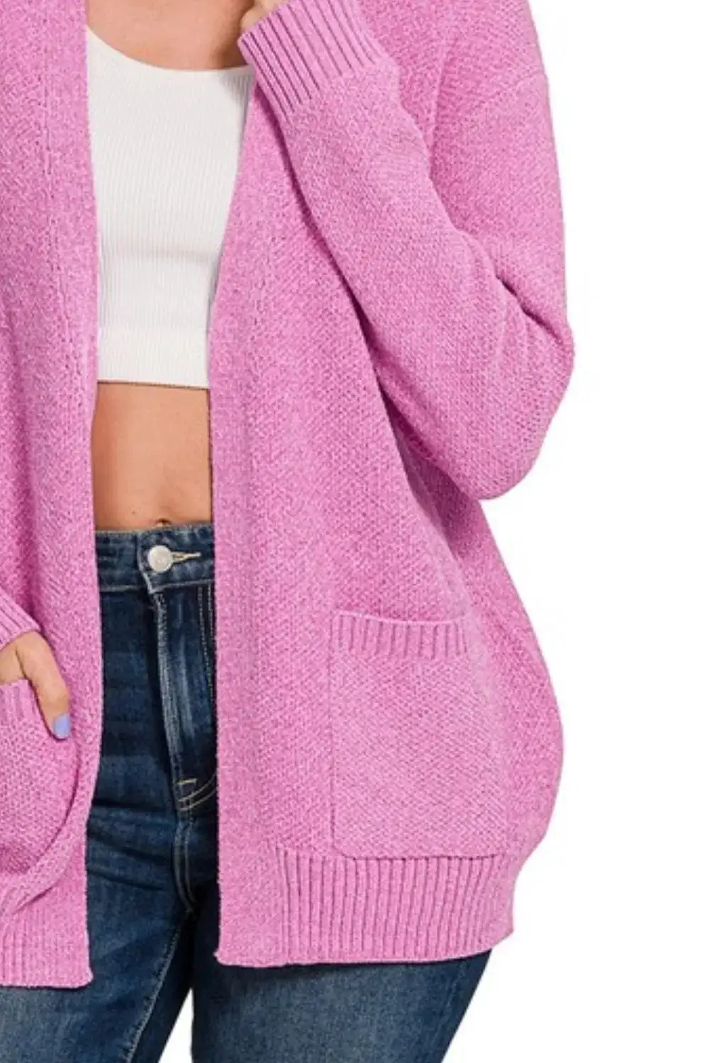 Open Front Textured Pocket Detail Knit Cardigan