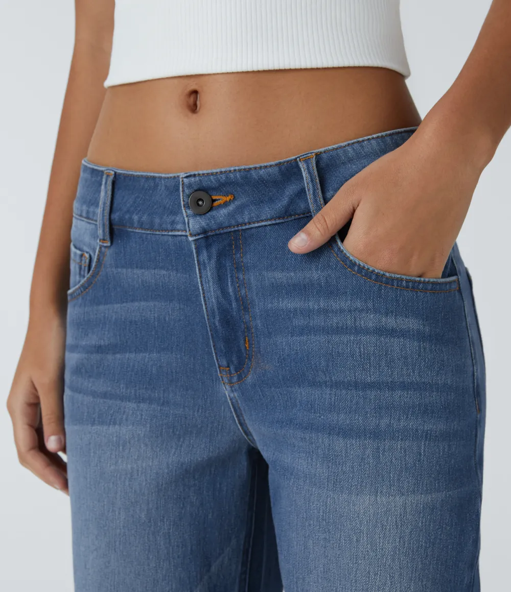 Magic Low Rise Button Zipper Multiple Pockets Straight Leg Washed Stretchy Knit Casual Jeans