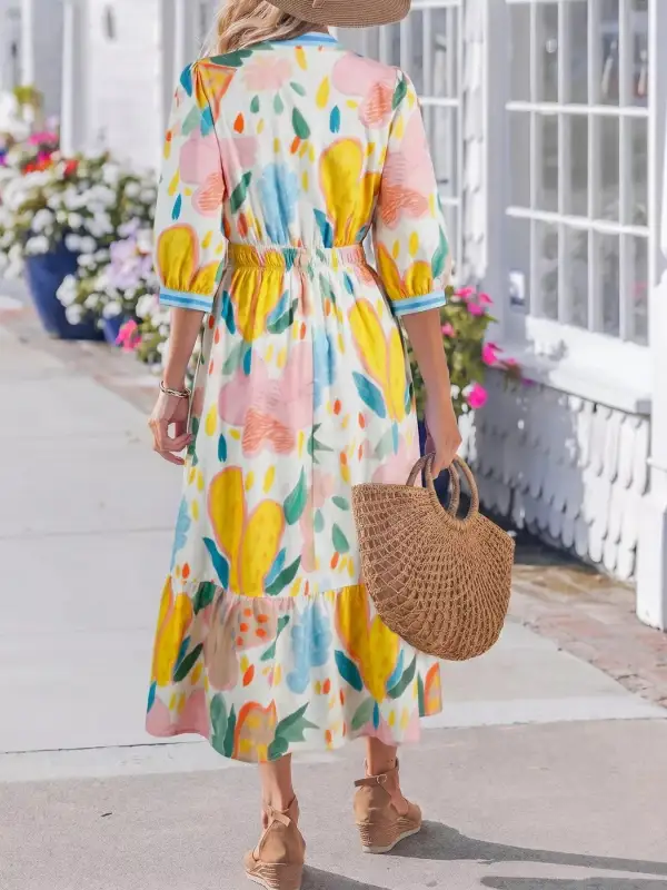 Multicolour Doodle Print Trim V Neck Midi Dress