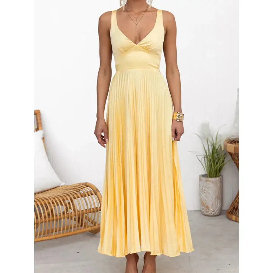 Pleated V Neck Sleeveless Maxi Dress