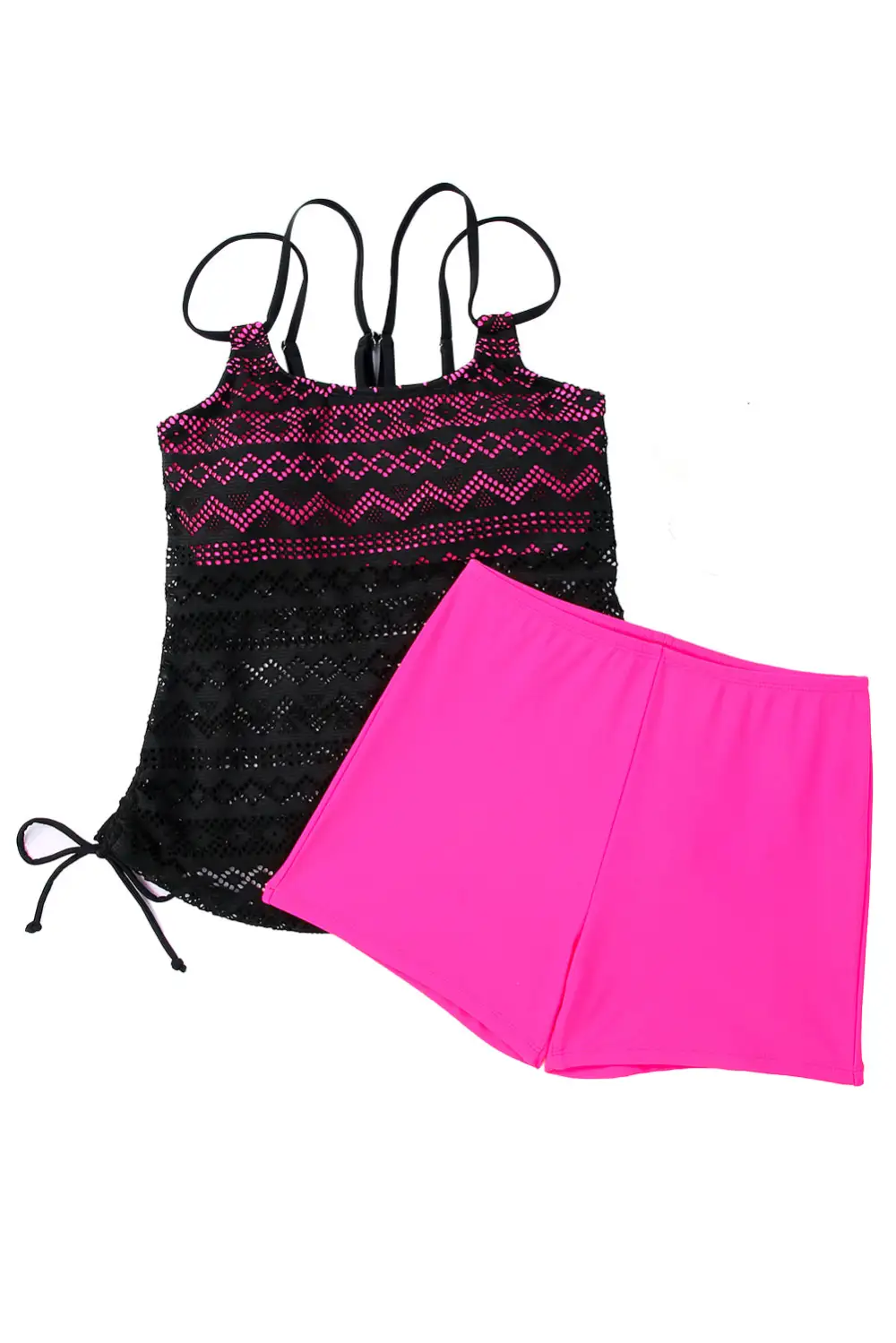 Swimwear Color Block Lace Drawstring Tie Tankini Set