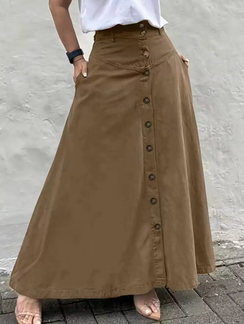 Button Front Slit A-Line Midi Skirt