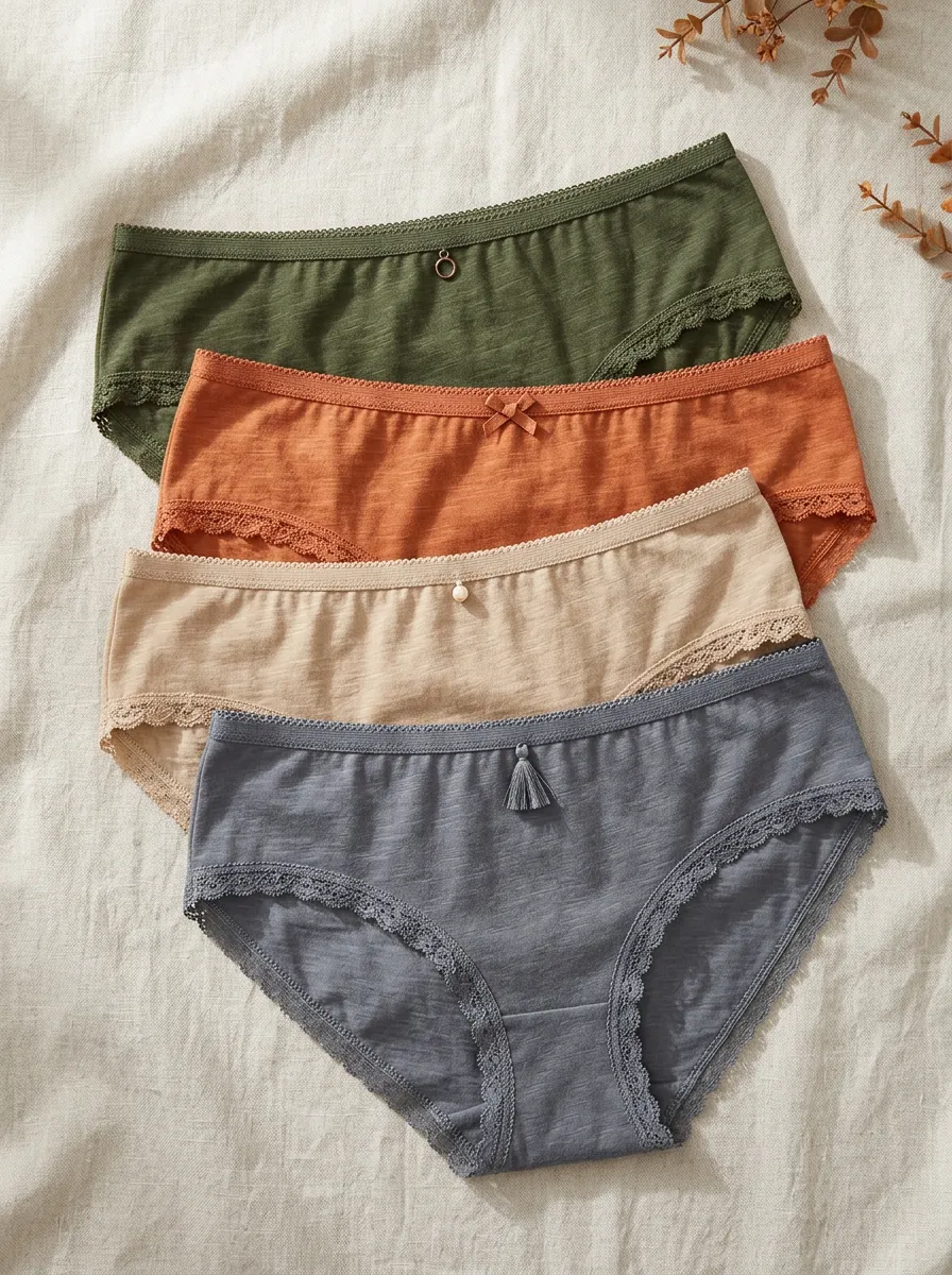 Women's Cotton Lace Trim Solid Color Tassel Decorated Panties Set