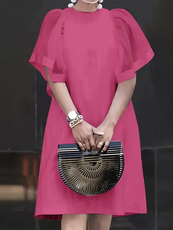 Short Sleeve Pleated See Through Solid Color Split Joint Round Neck