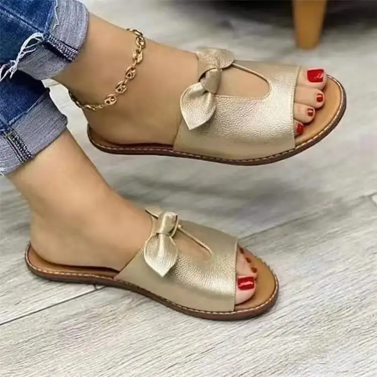 Bow Detail Flat Sole Slide Sandals