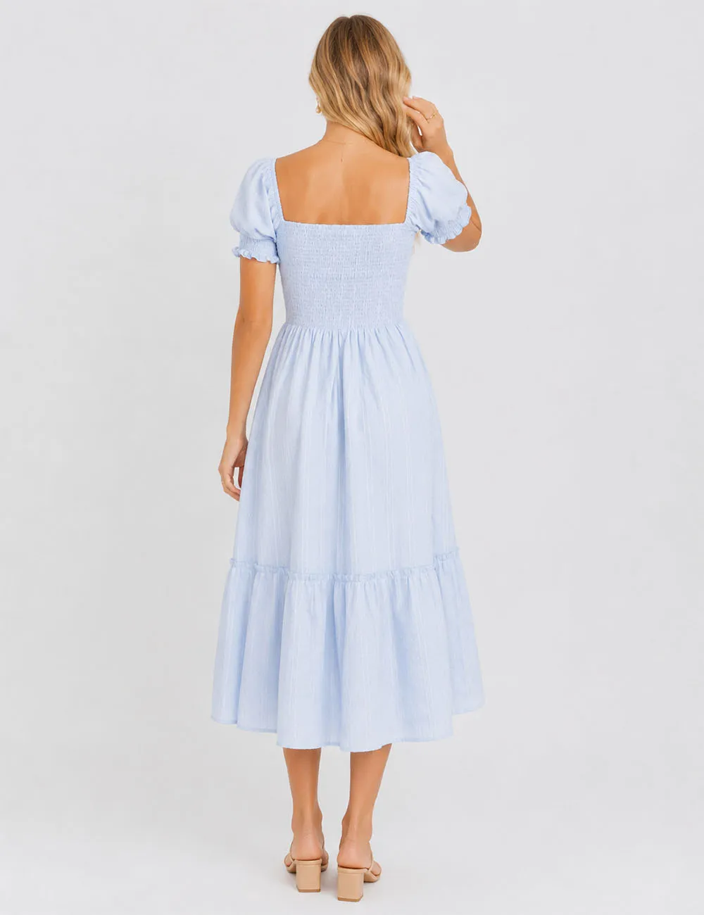 Romantic Dobby Textured Puff Sleeves Smocked Midi Dress