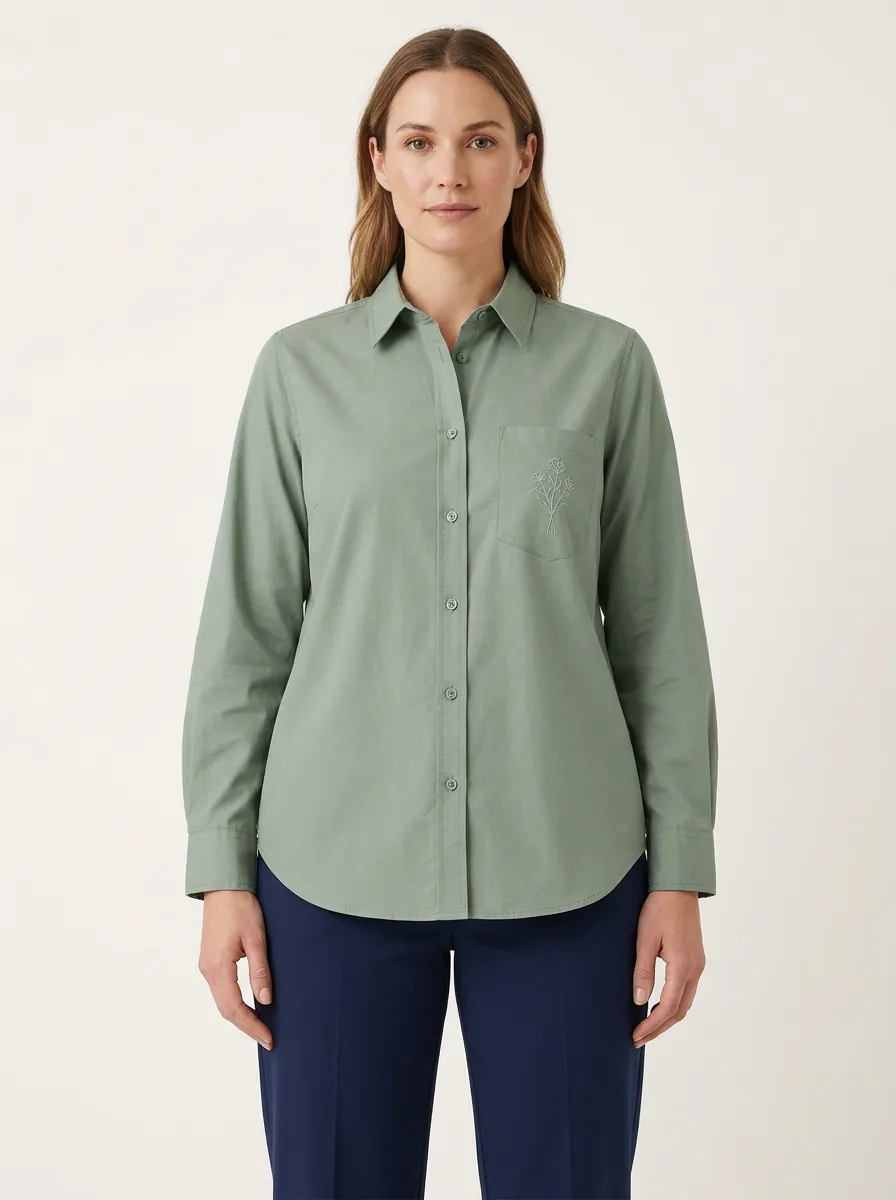 Women's Wildflower Line-Art Pocket Button-Up Shirt