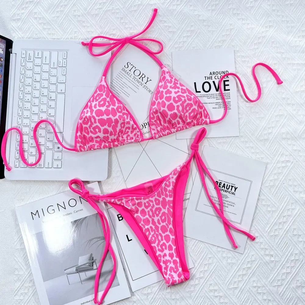 Leopard Print Halter Neck Tie Bikini Swim Set
