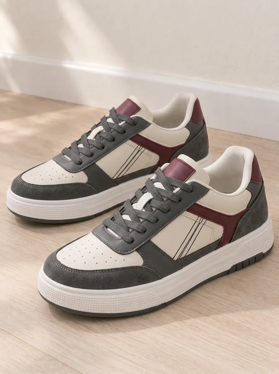 Women's Colorblock Grey Maroon Suede Printed Sneakers