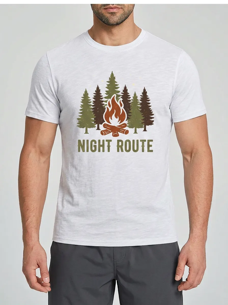 Men's Camping Lover Night Route Campfire Pine Trees Printed T-shirt