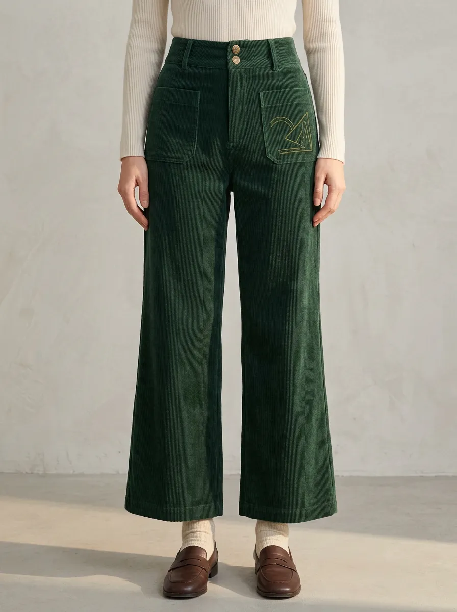 Women's Minimalist Geometric Logo Embroidered Corduroy Pants
