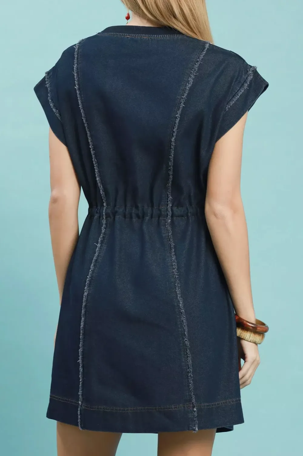 Drawstring Waist Frayed Pocketed Mini Dress