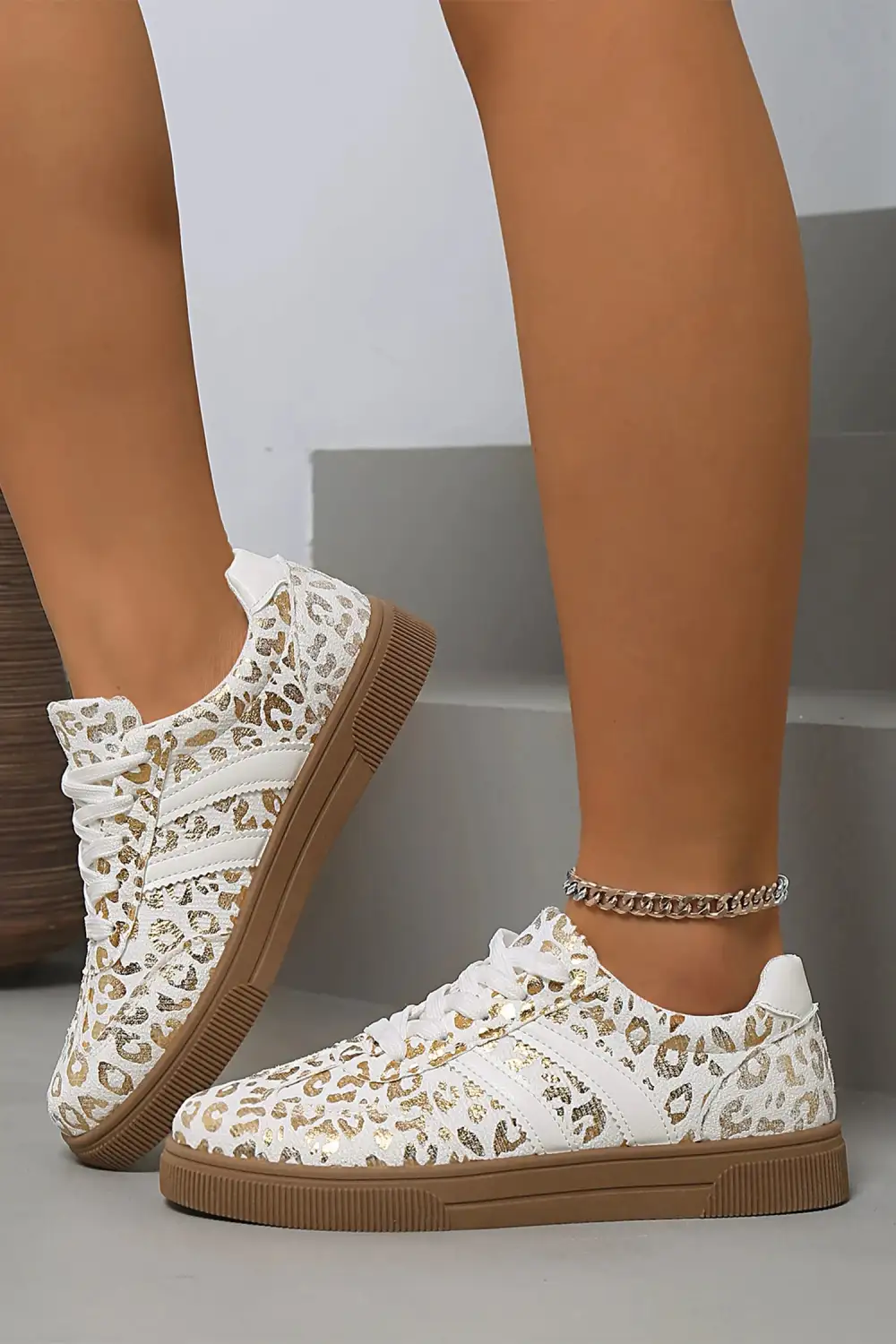 Leopard Metallic Accent Lace-Up Casual Sneakers