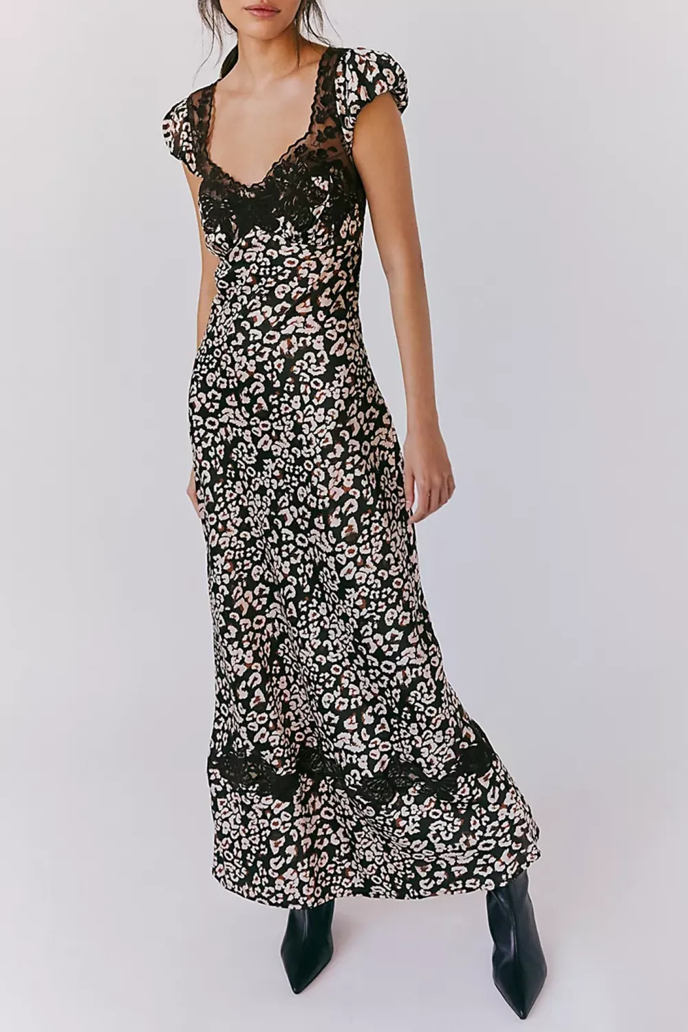 V Neck Floral Print Lace Trim Midi Dress