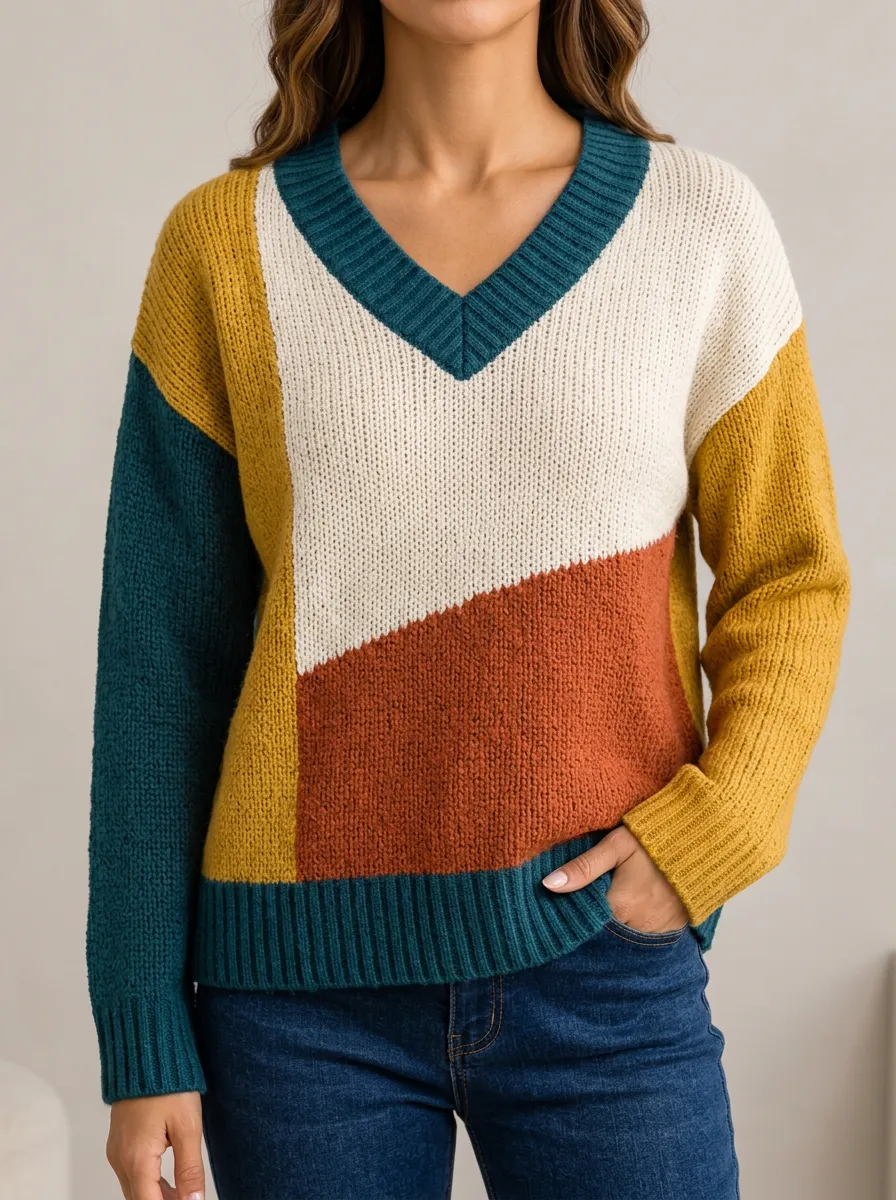 Women's Geometric Pattern Soft Knit V Neck Knitted Top