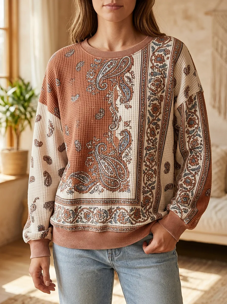 Women's Boho Paisley Floral Waffle Knit Printed Sweatshirt