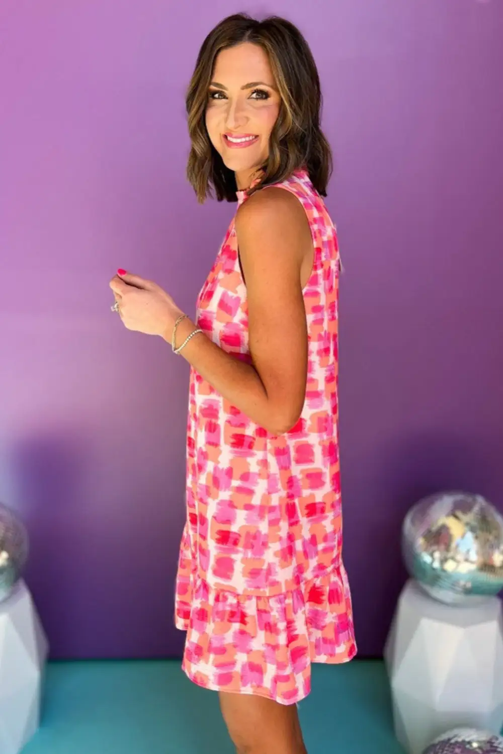 Abstract Print Frilly Neck Sleeveless Mini Dress