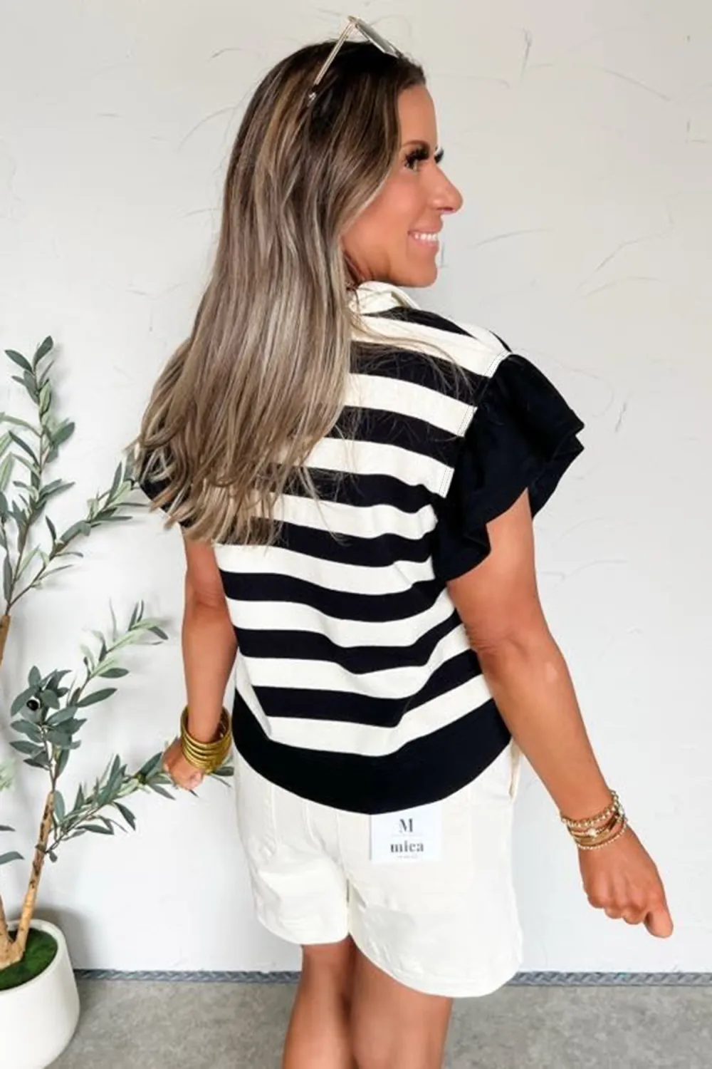 Black Stripe Collar V Neck Blouse