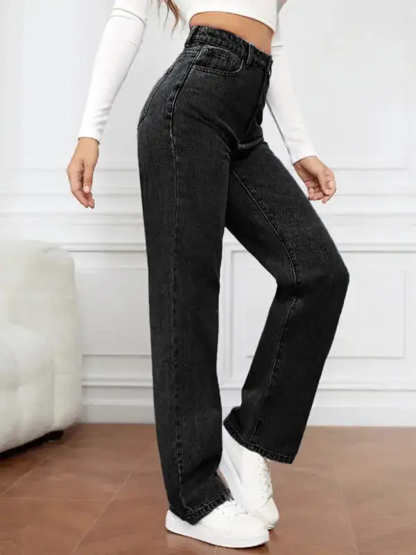 Refined High-Waist Washed Pocketed Straight Leg Jeans