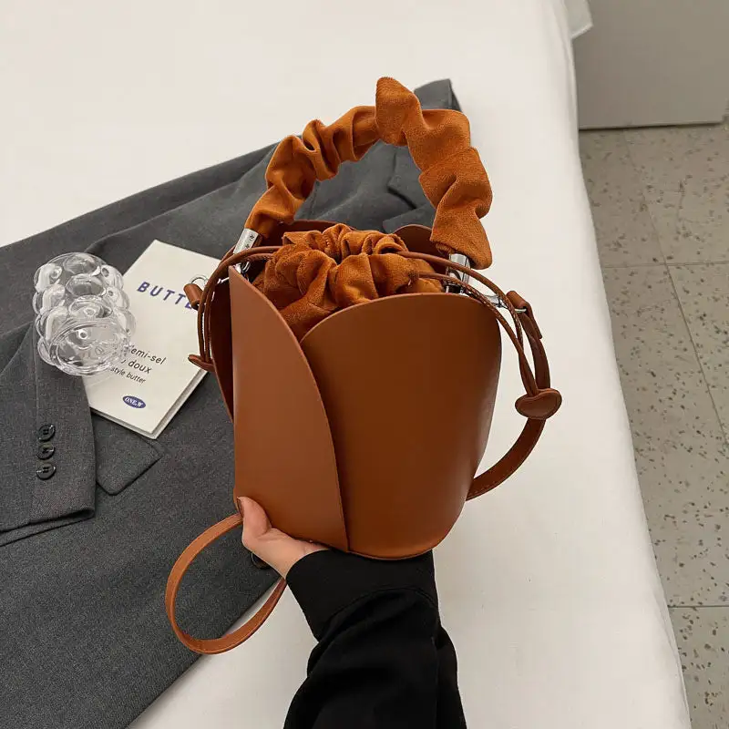 Faux Leather Pleated Drawstring Bucket Bag