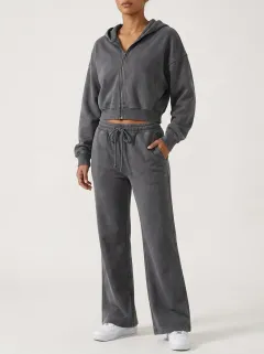 Women's Modern Acid Wash Sport Inspired Cropped Hooded Jacket and Flare Pants Active Set