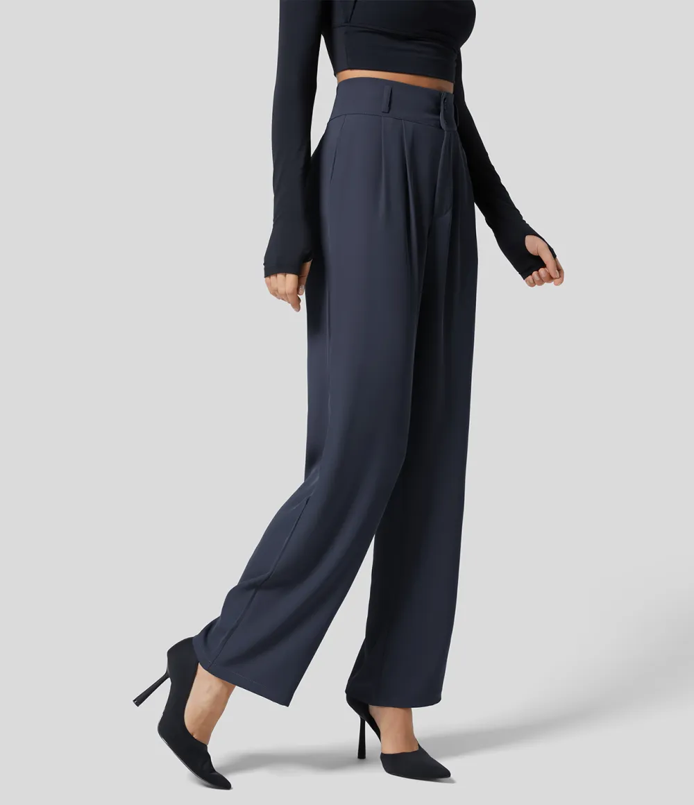High Waisted Button Zipper Plicated Side Pocket Shirred Straight Leg Work Pants