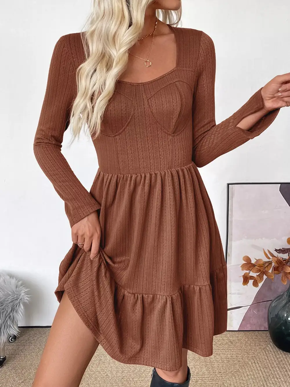 Knit Ruffle Long Sleeve Sweater Dress