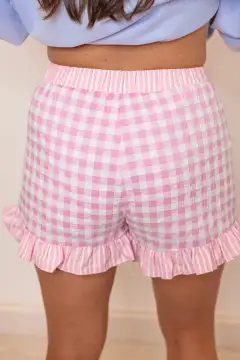 Ruffle-Trim Gingham Print Ruffle Striped Detail Lace Tie Shorts