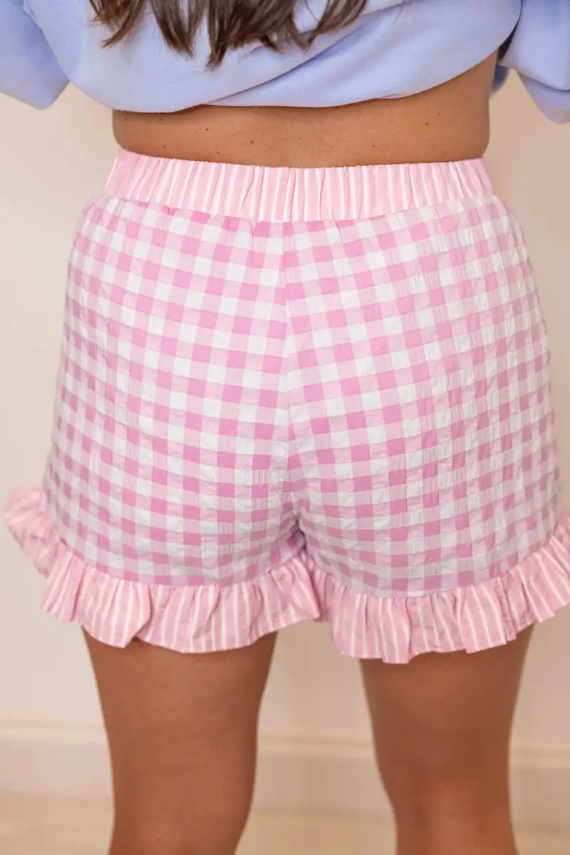 Ruffle-Trim Gingham Print Ruffle Striped Detail Lace Tie Shorts