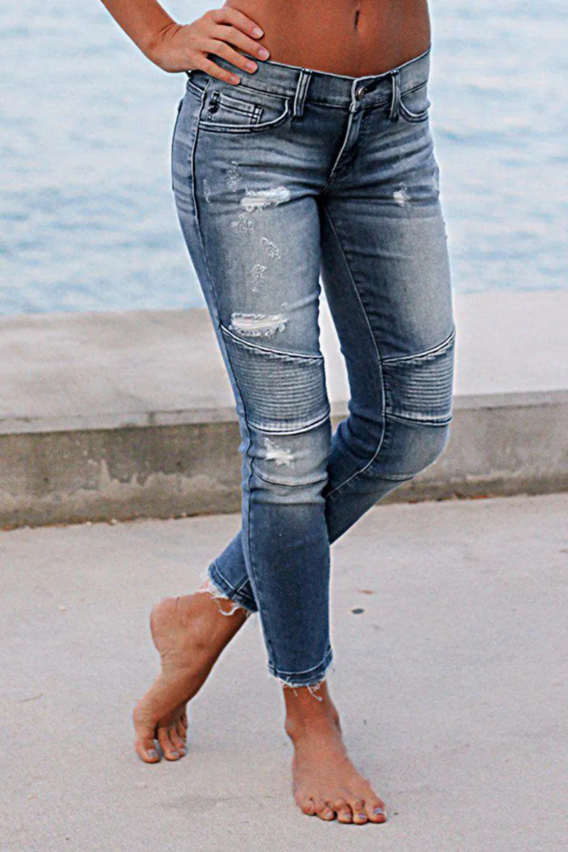 Ripped Raw Hem Low Rise Skinny Moto Jeans
