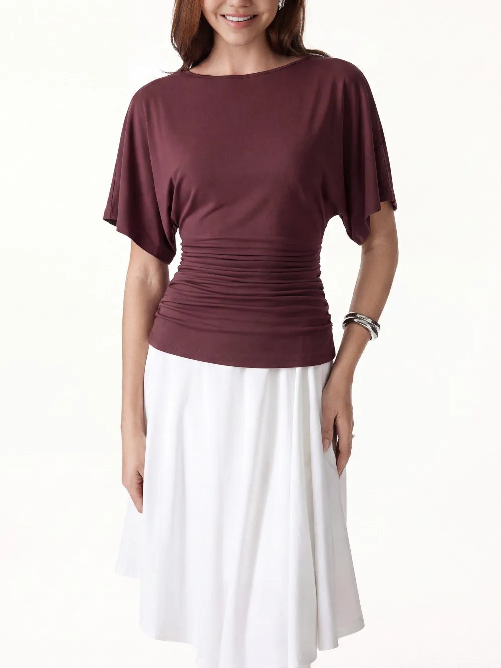 Everyday Boatneck Batwing Sleeve Side Ruched Top